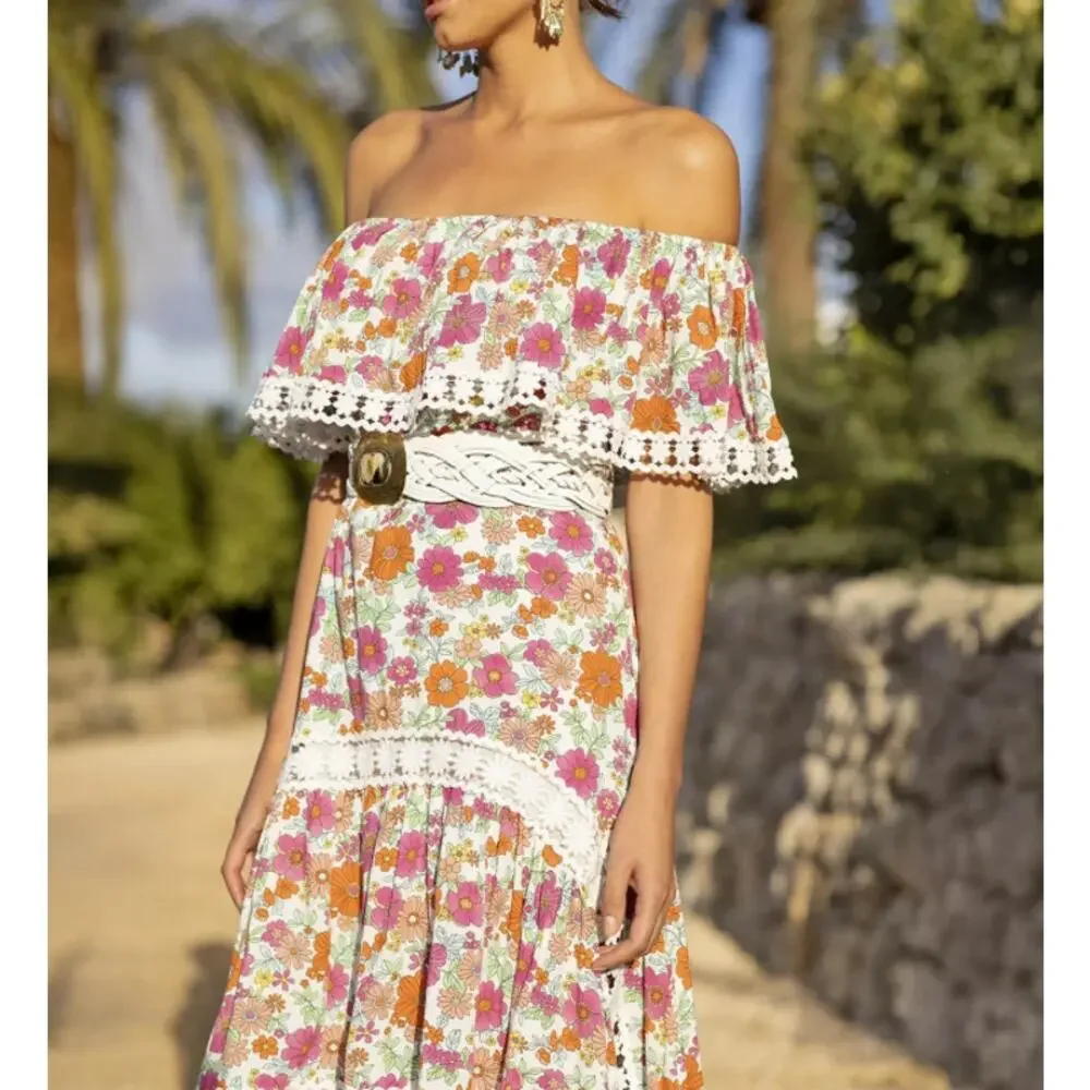Miss June Rayan Off The Shoulder Floral Lace Ruffle Maxi Midi Dress Boho Pink - Picture 2 of 12